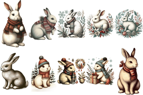 Download 11 Vintage Winter Rabbit PNG Bundle - Rabbit png Collection