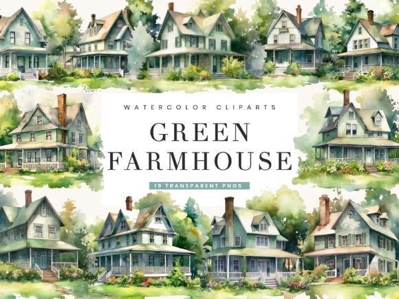 Download Watercolor Green Farmhouse Clipart - Premium Resources